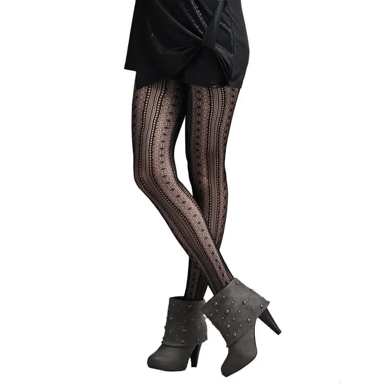 Medias panty jacquard de moda con patrón de rayas verticales y zigzag